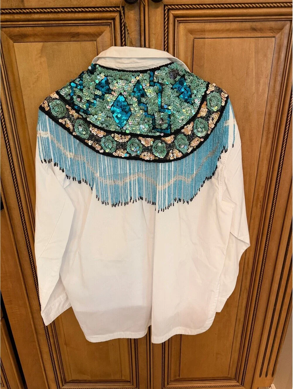 Vintage Silk Beaded & Sequin Fringe Collar Capelet Shawl Scarf Turquoise Deco